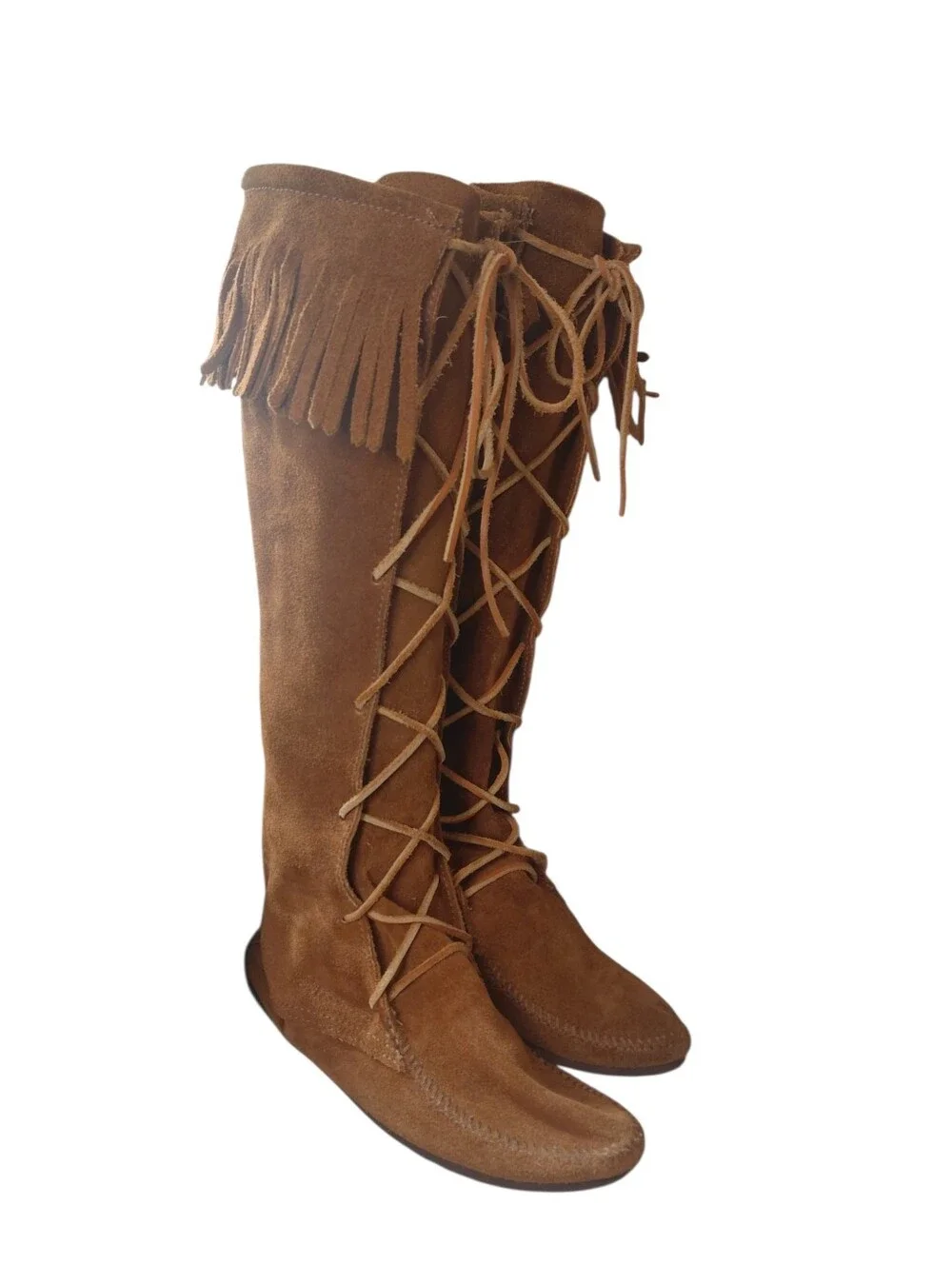 Minnetonka Chestnut Suede Fringed Lace-Up Knee-High Boots